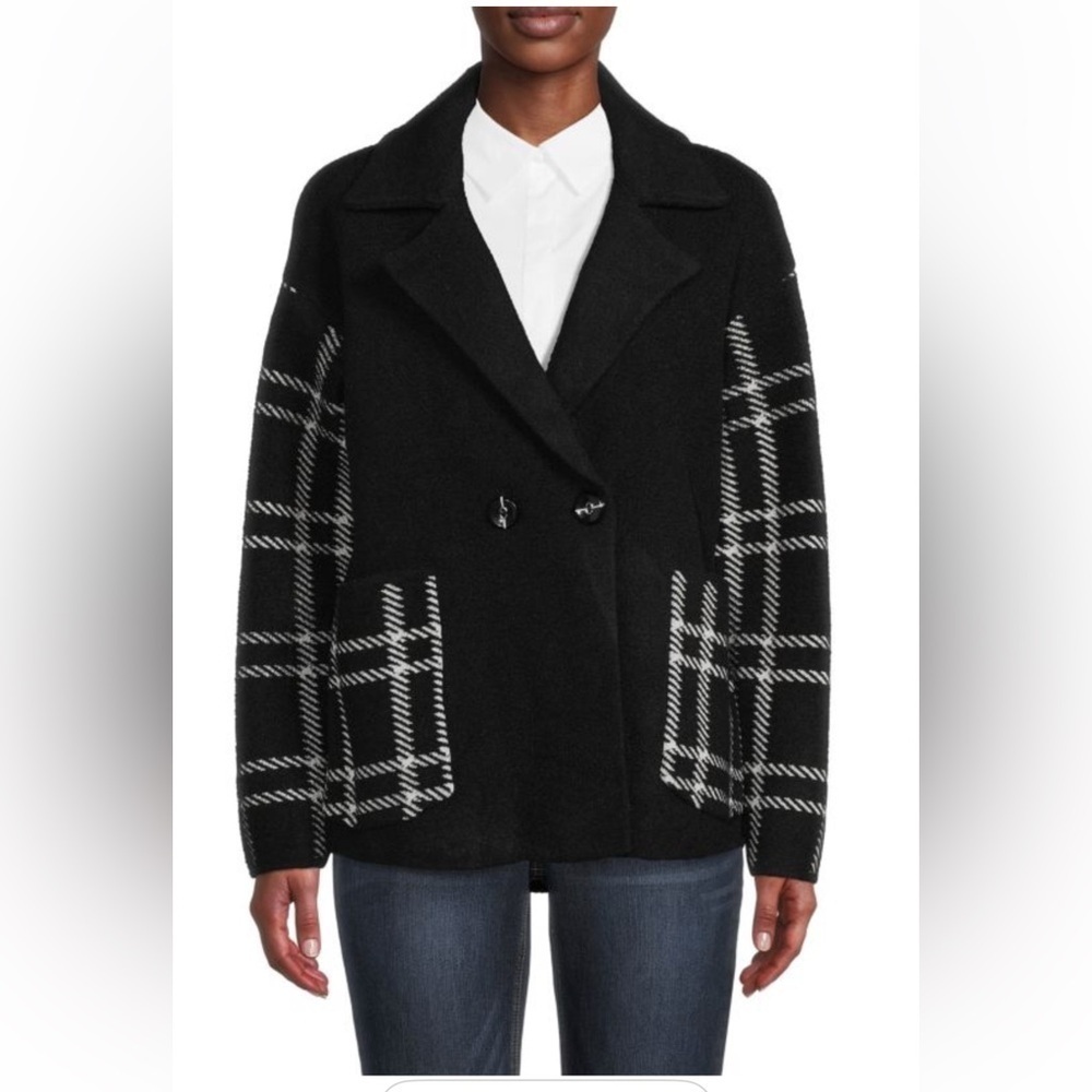 Magaschoni Black and White Plaid Pea Coat Size Large